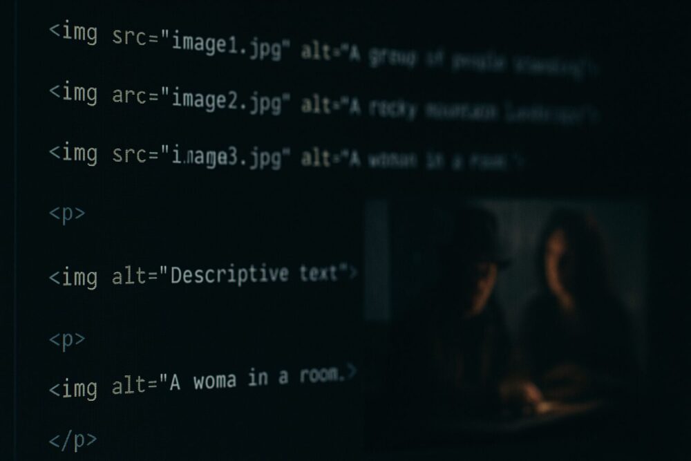 パソコン画面に表示されたHTMLコードの近接撮影。画面左側にタグやalt属性が並び、右側に映画の場面と思われるぼんやりとした映像が映っている。コード編集と映像資料が同時に扱われている様子を示す一枚。